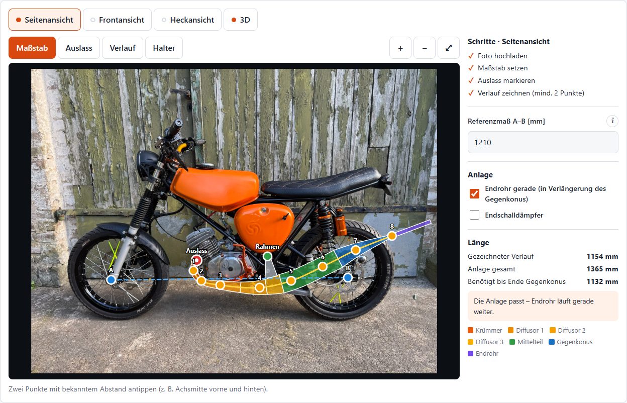 Fotoeditor mit eingezeichnetem Auspuffverlauf am Motorrad