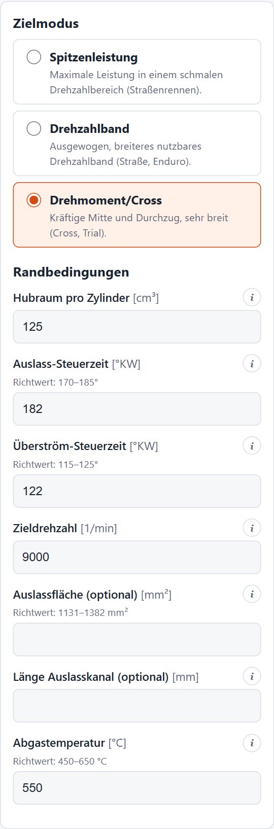 Eingabe von Zielmodus und Randbedingungen mit Richtwerten